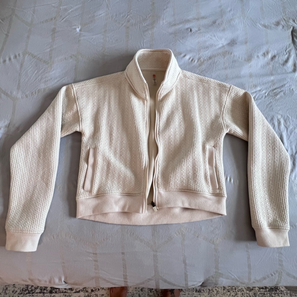 Cream Waffle Knit Zip-Up Bomber Jacket – Size M